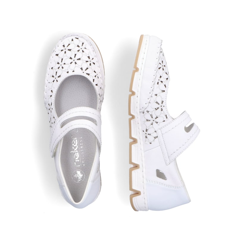 Weiße Rieker Ballerinas 49977-80, Barfußschuhe mit einem Klettverschluss. Schuh von oben, liegend.