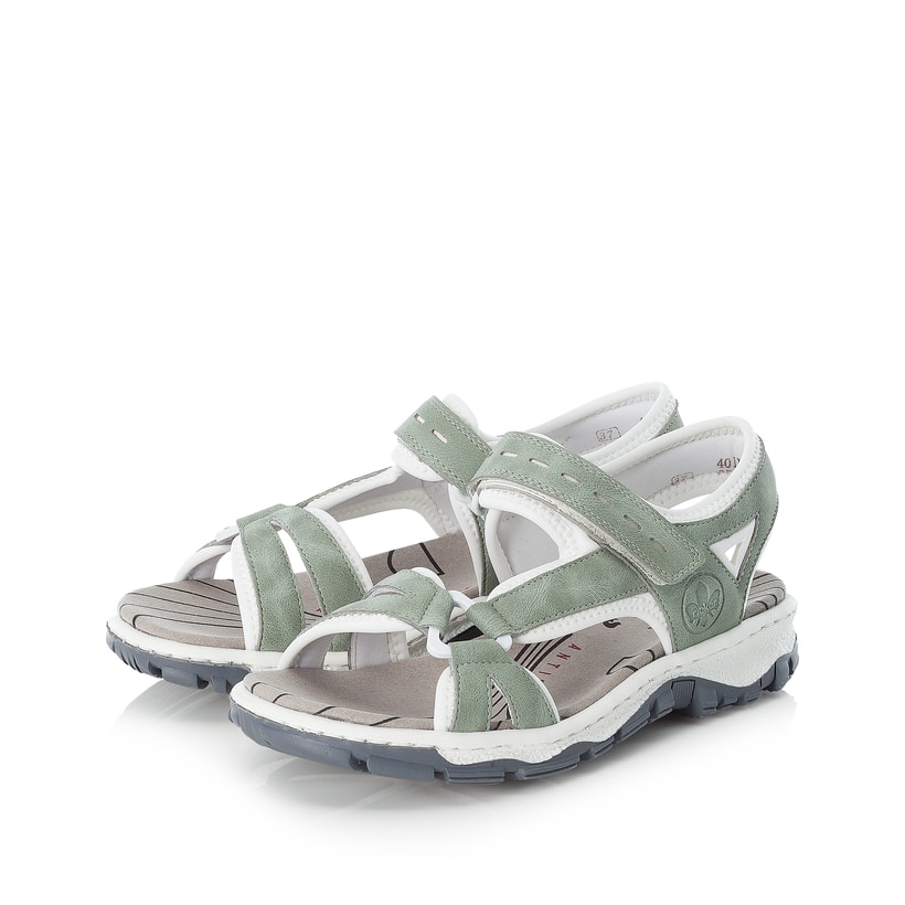 Mintgrüne Rieker Damen Trekkingsandalen 68879-52 mit einem Klettverschluss. Schuhpaar seitlich schräg.
