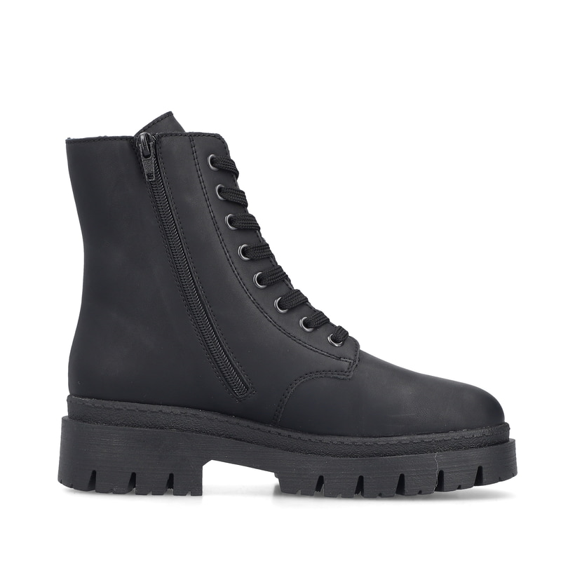 Schwarze Rieker Damen Biker Boots Z9447-00 mit wasserabweisender TEX-Membran. Schuh von hinten.