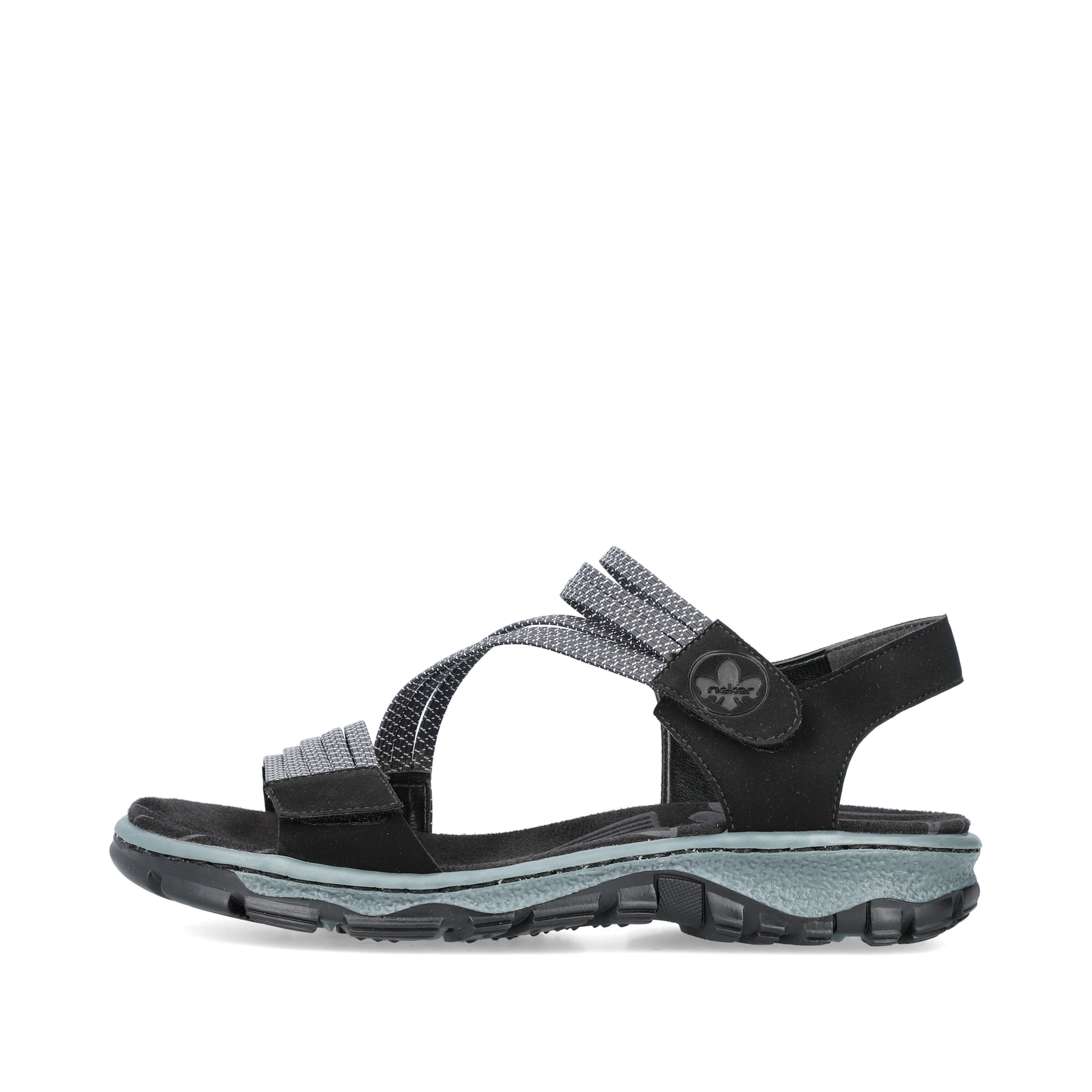Schwarze Rieker Damen Trekkingsandalen 68871-00 mit einem Klettverschluss. Schuh Außenseite.