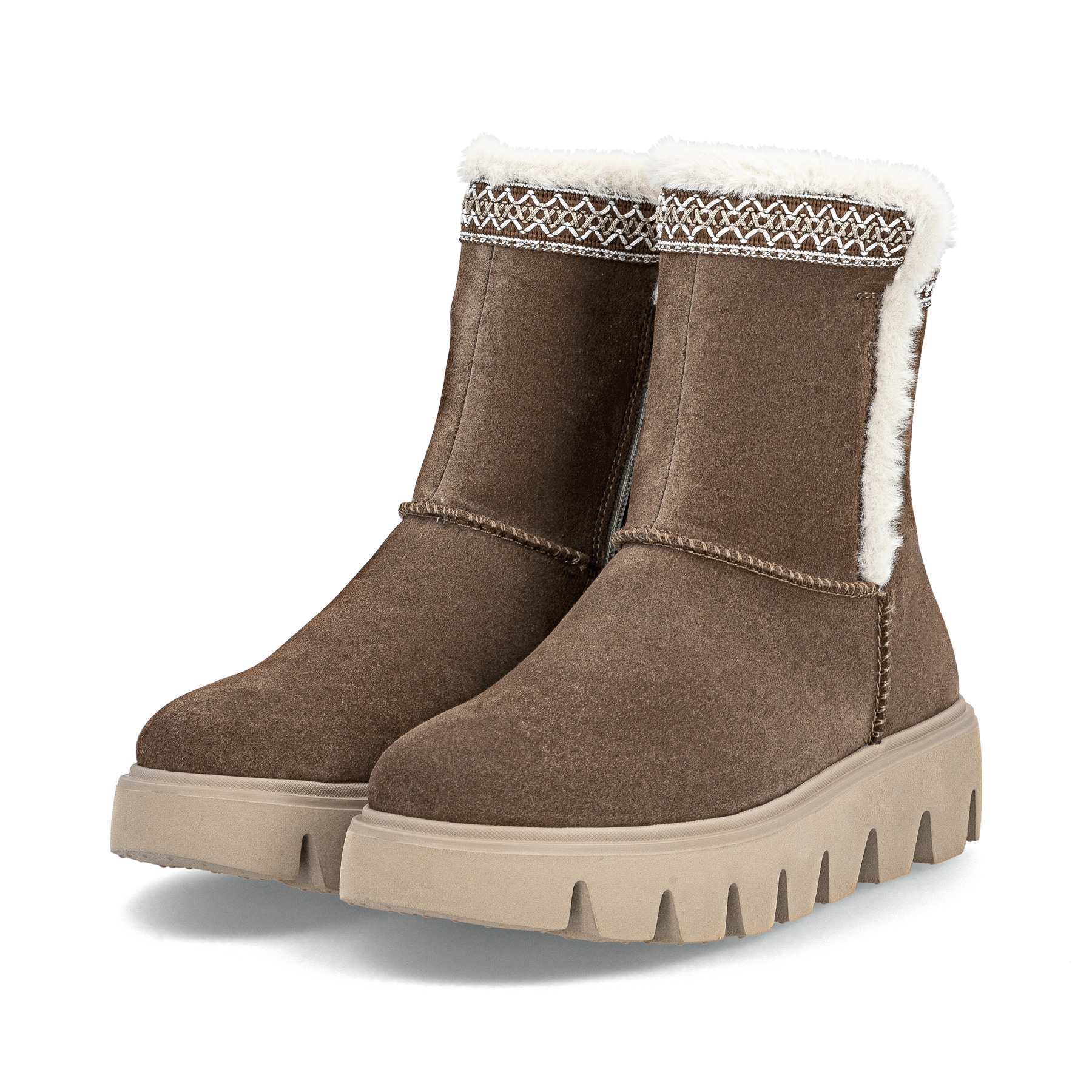 Dunkelbraune Rieker Damen Kurzstiefel W2075-20 aus Rauleder mit Schaftkragen. Schuhpaar seitlich schräg.