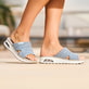 Blaue vegane Rieker Damen Pantoletten 65651-12 mit Rieker Air Sohlenfenster. Schuh am Model.