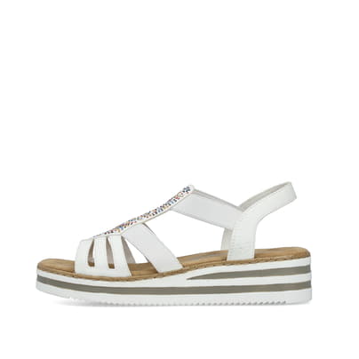 Weiße Rieker Keilsandaletten V0240-80 mit Strasssteinen sowie einem Gummizug. Schuh Außenseite.
