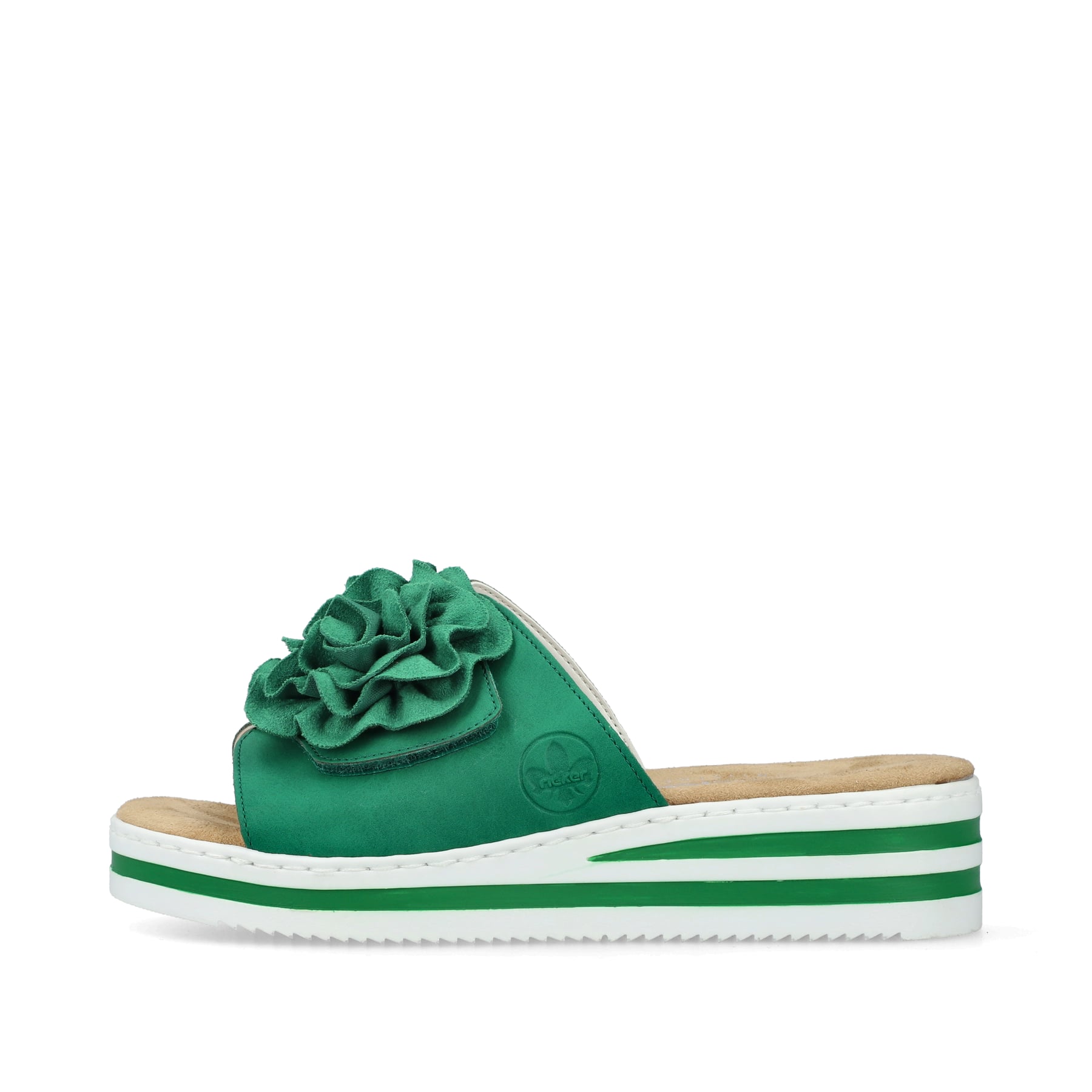 Grüne Rieker Damen Pantoletten V0252-52 mit dekorativer Blume. Schuh Außenseite.