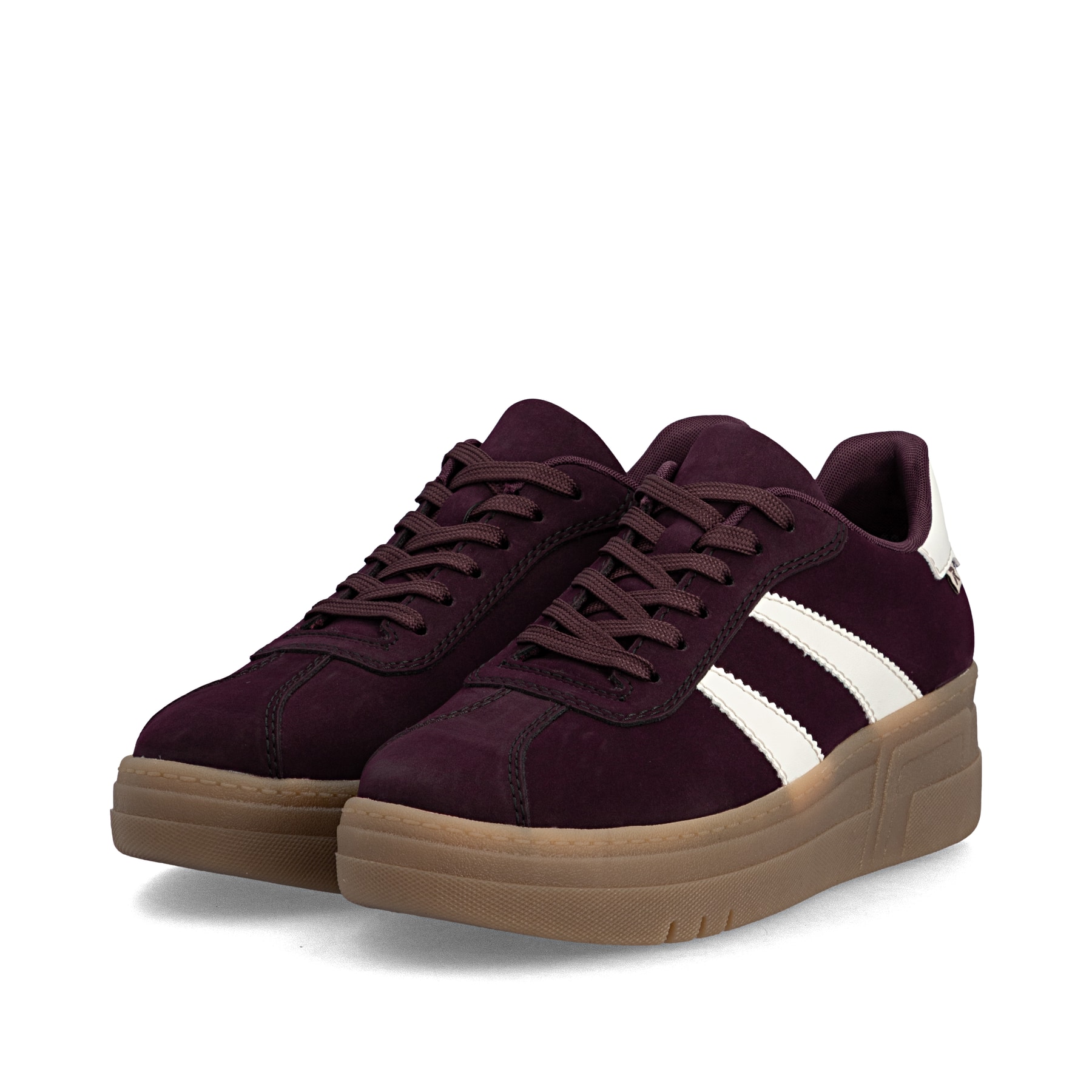 Vegane, brombeer-schwarze Rieker Damen Sneaker Low M7601-30 mit einer Schnürung. Schuhpaar seitlich schräg.