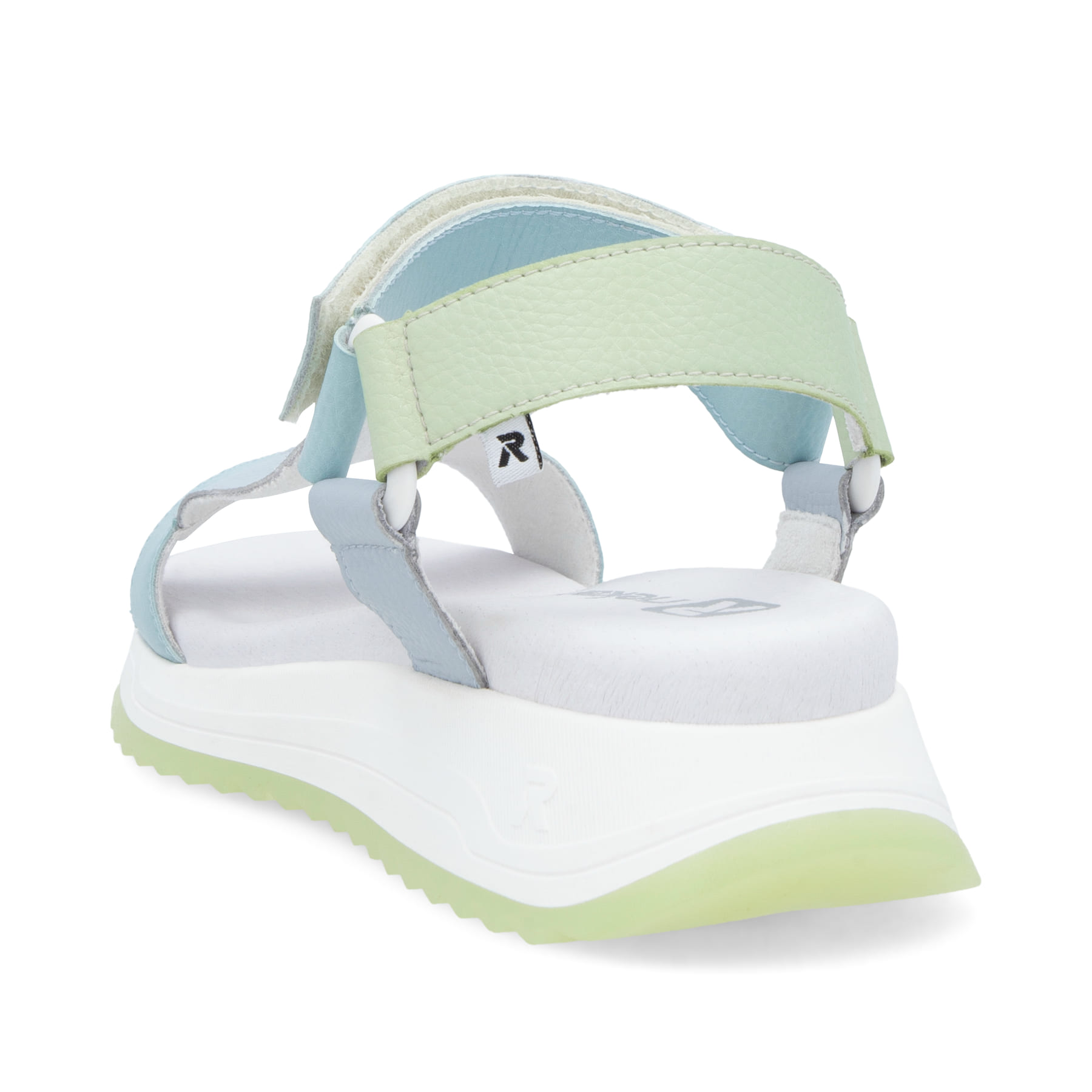 Blaue Rieker Damen Trekkingsandalen W2951-10 mit einem Klettverschluss. Schuh von hinten.