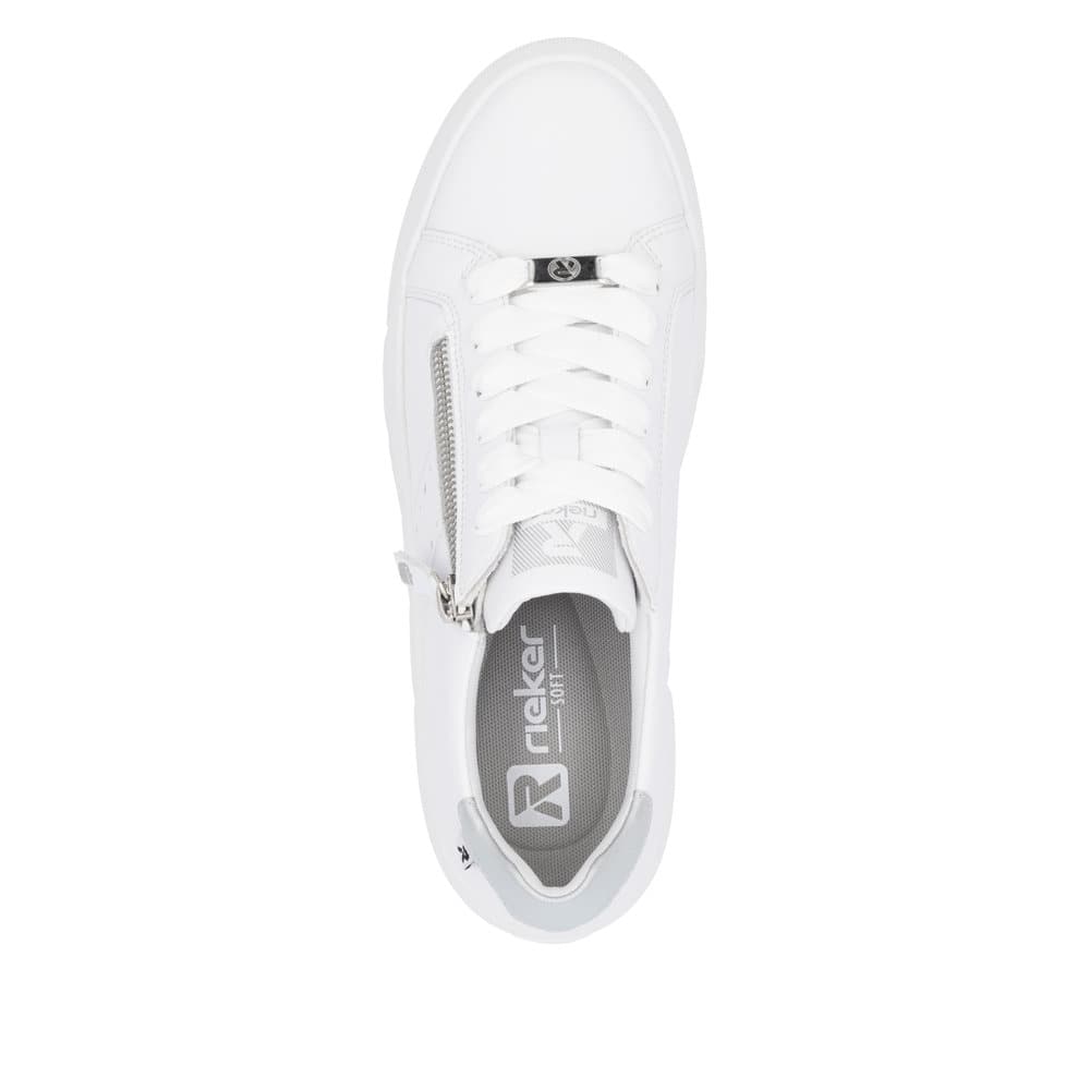 Baskets basses Rieker blanches pour femme W2605-80 avec fermeture éclair. Chaussure vue de dessus.