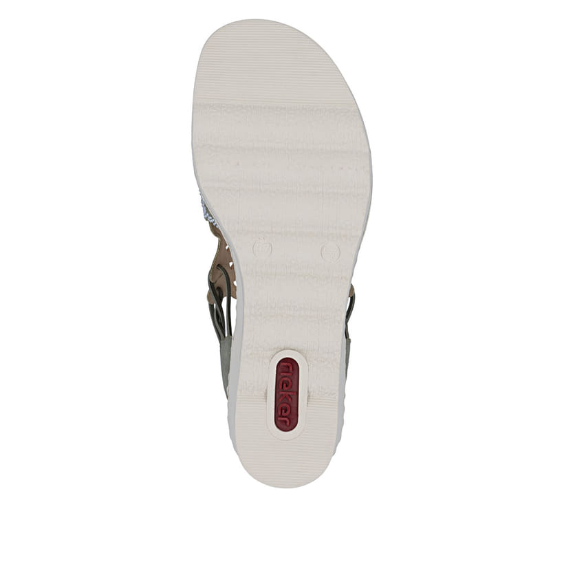 Khakifarbene Rieker Keilsandaletten 67465-52 mit Strasssteinen sowie Gummizug. Schuh Laufsohle.