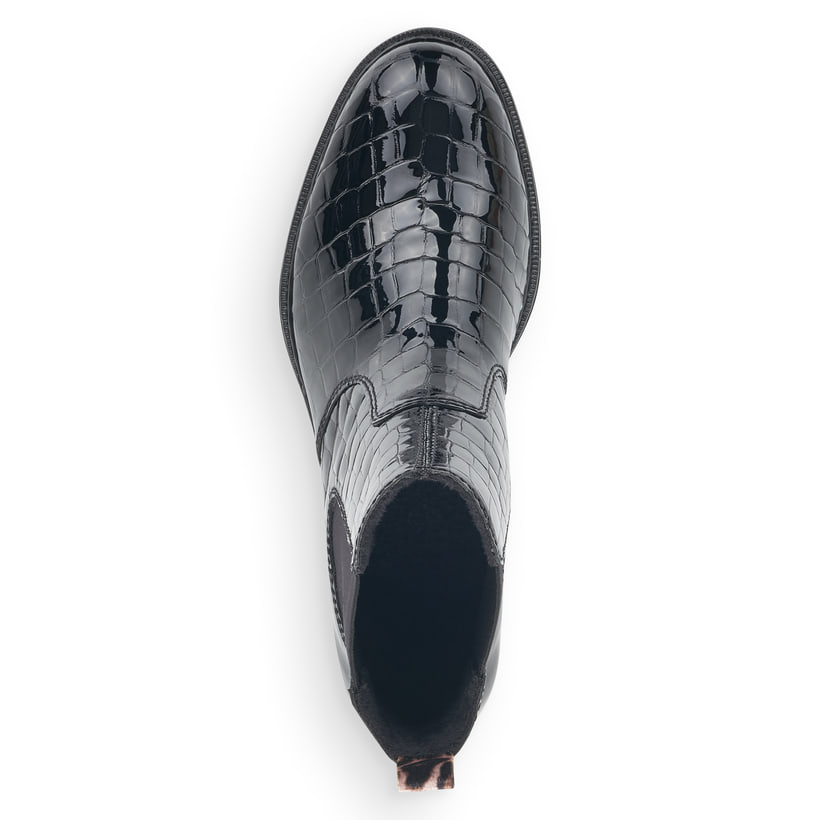 Urbanschwarze Rieker Damen Chelsea Boots 73494-00 mit Elastikeinsatz. Schuh von oben.