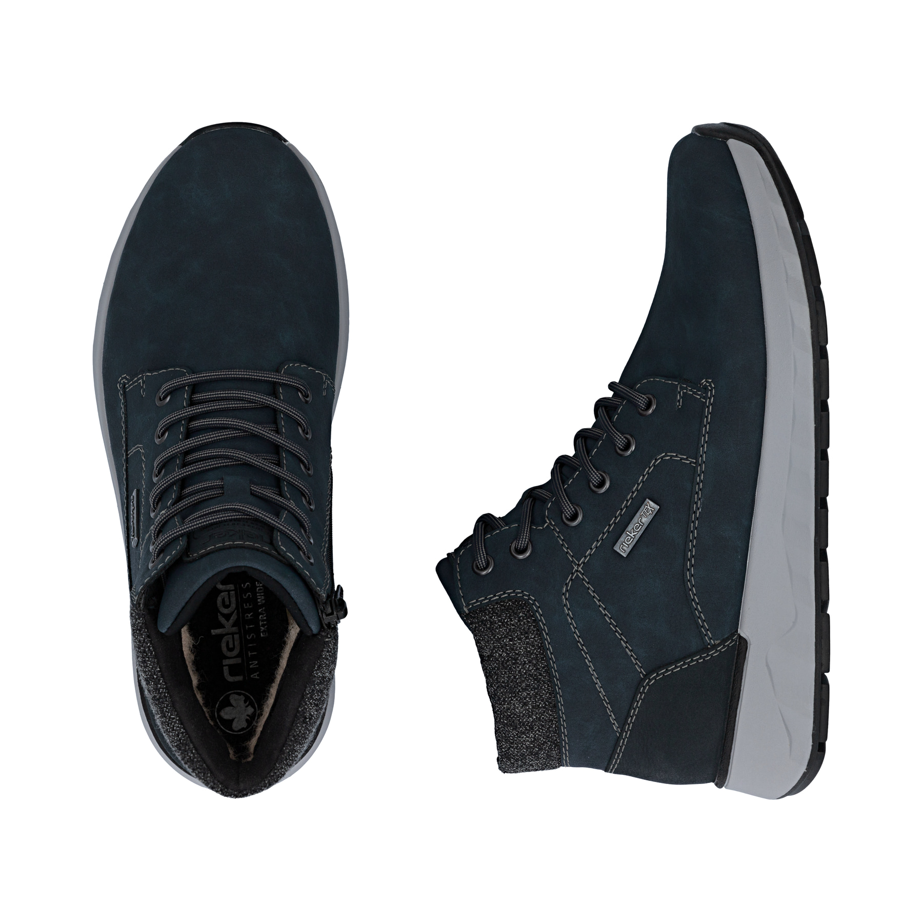 Blaue Rieker Herren Schnürstiefel 11502-14 mit wasserabweisender TEX-Membran. Schuh von oben, liegend.
