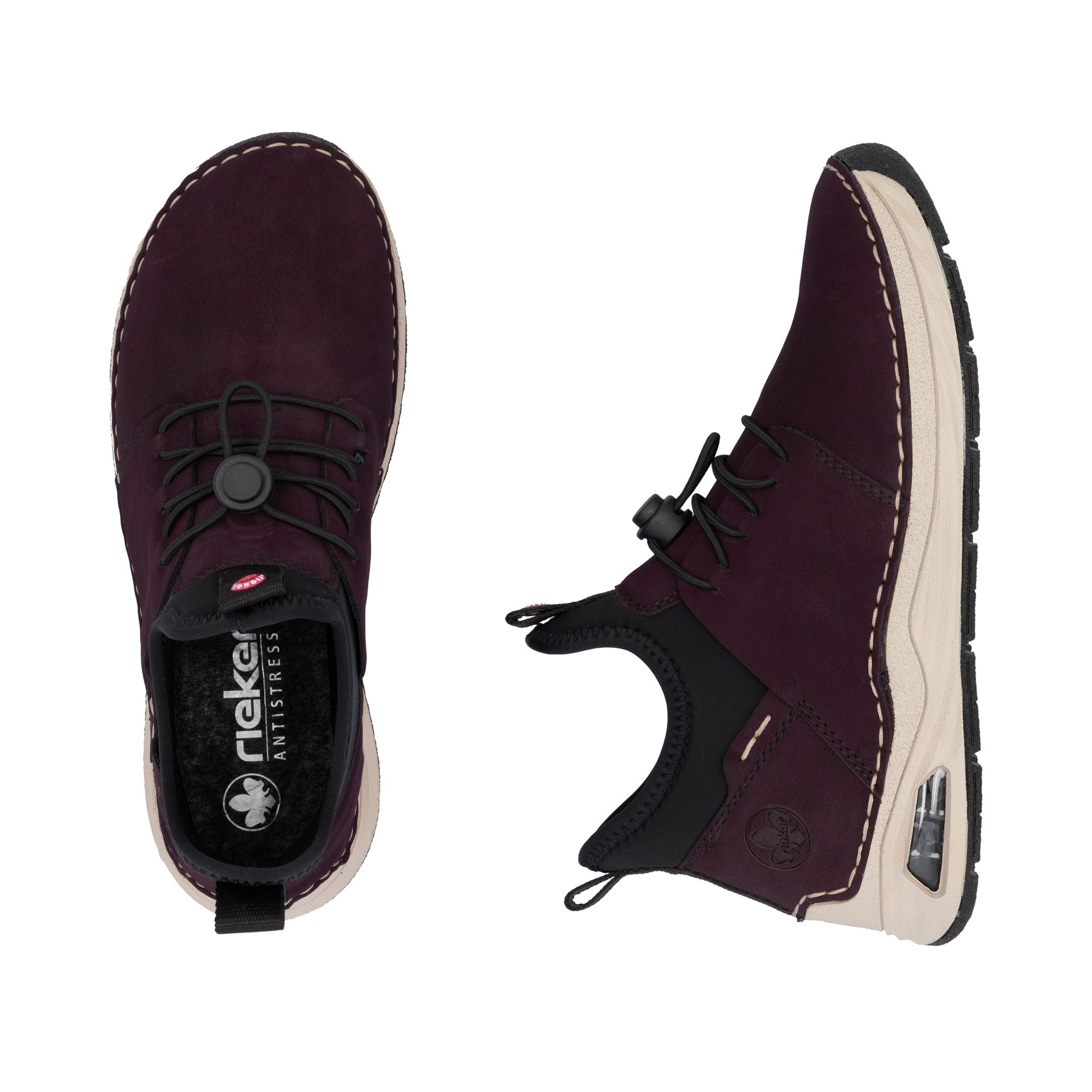 Rotschwarze Rieker Damen Slipper 44560-30 mit Rieker Air Sohlenfenster. Schuh von oben, liegend.