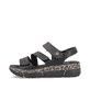 Schwarze vegane Rieker Damen Riemchensandalen V2301-00 mit handgestickten Nähten. Schuh Außenseite.