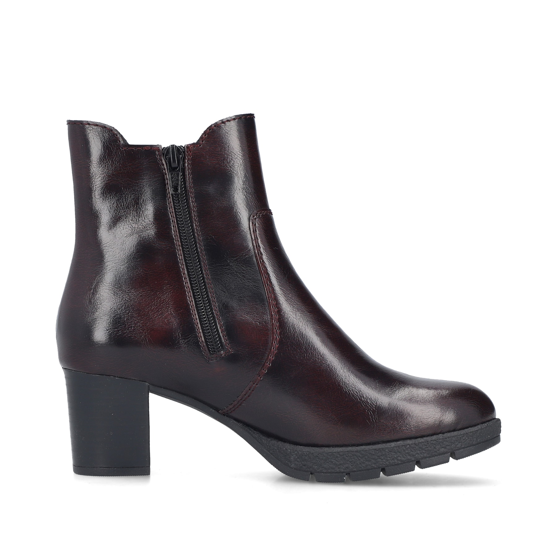 Bottines Rieker rouges pour femme 77674-35 avec fermeture éclair. Chaussure vue de l'arrière.