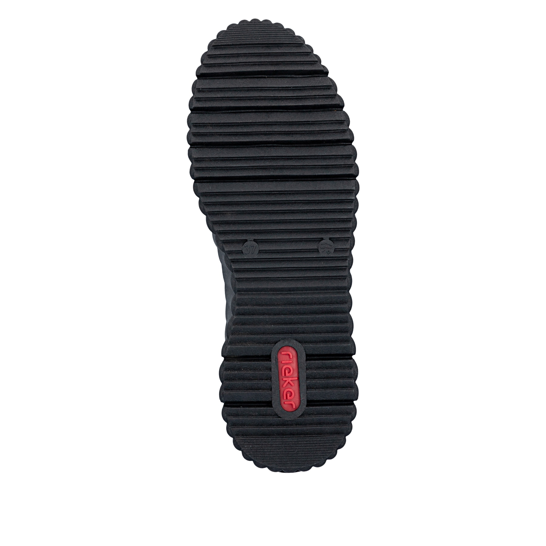 Baskets basses Rieker noires pour femme N2501-00 en cuir verni. Semelle extérieure de la chaussure.