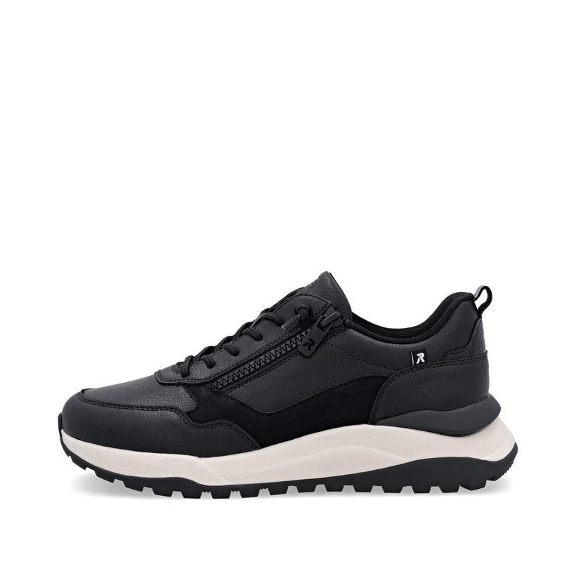 Schwarze Rieker Damen Sneaker Low W2504-00 mit einem Reißverschluss. Schuh Außenseite.