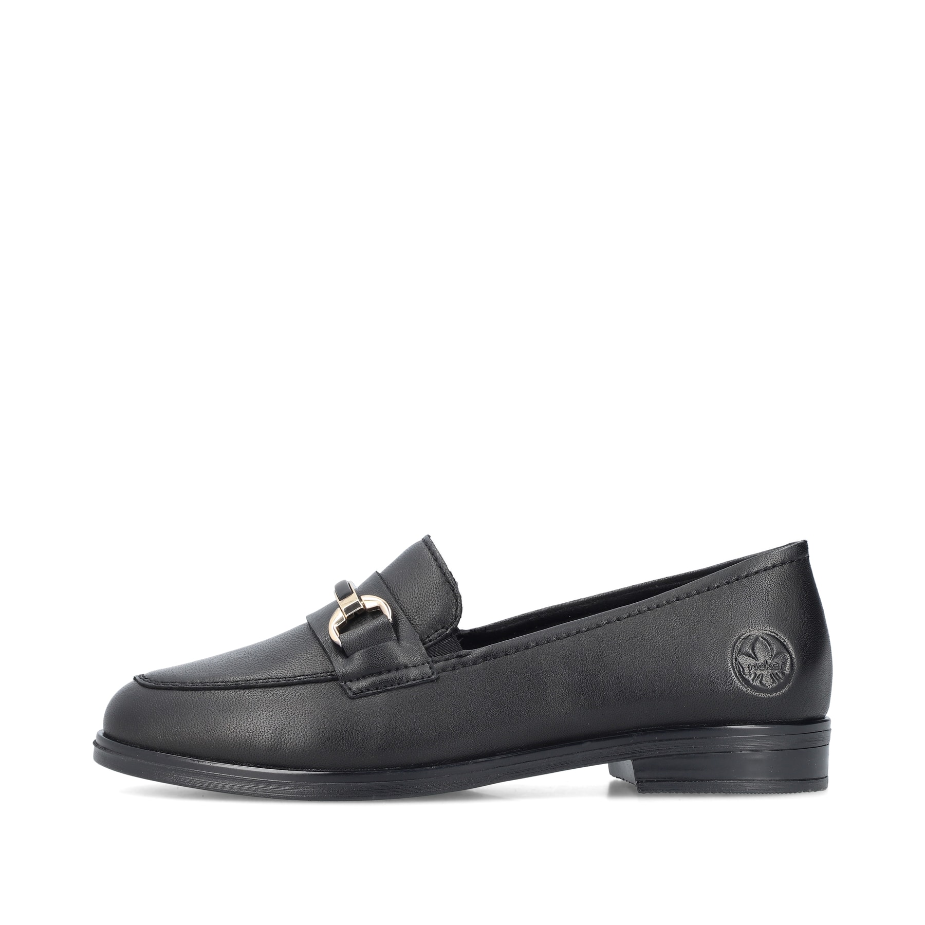 Mocassins Rieker noirs pour femme 46262-01 en cuir lisse. Côté extérieur de la chaussure.