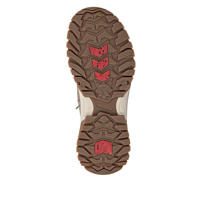 Beige Rieker Damen Schnürstiefel W3972-64 mit griffiger Fiber-Grip Sohle. Schuh Laufsohle.