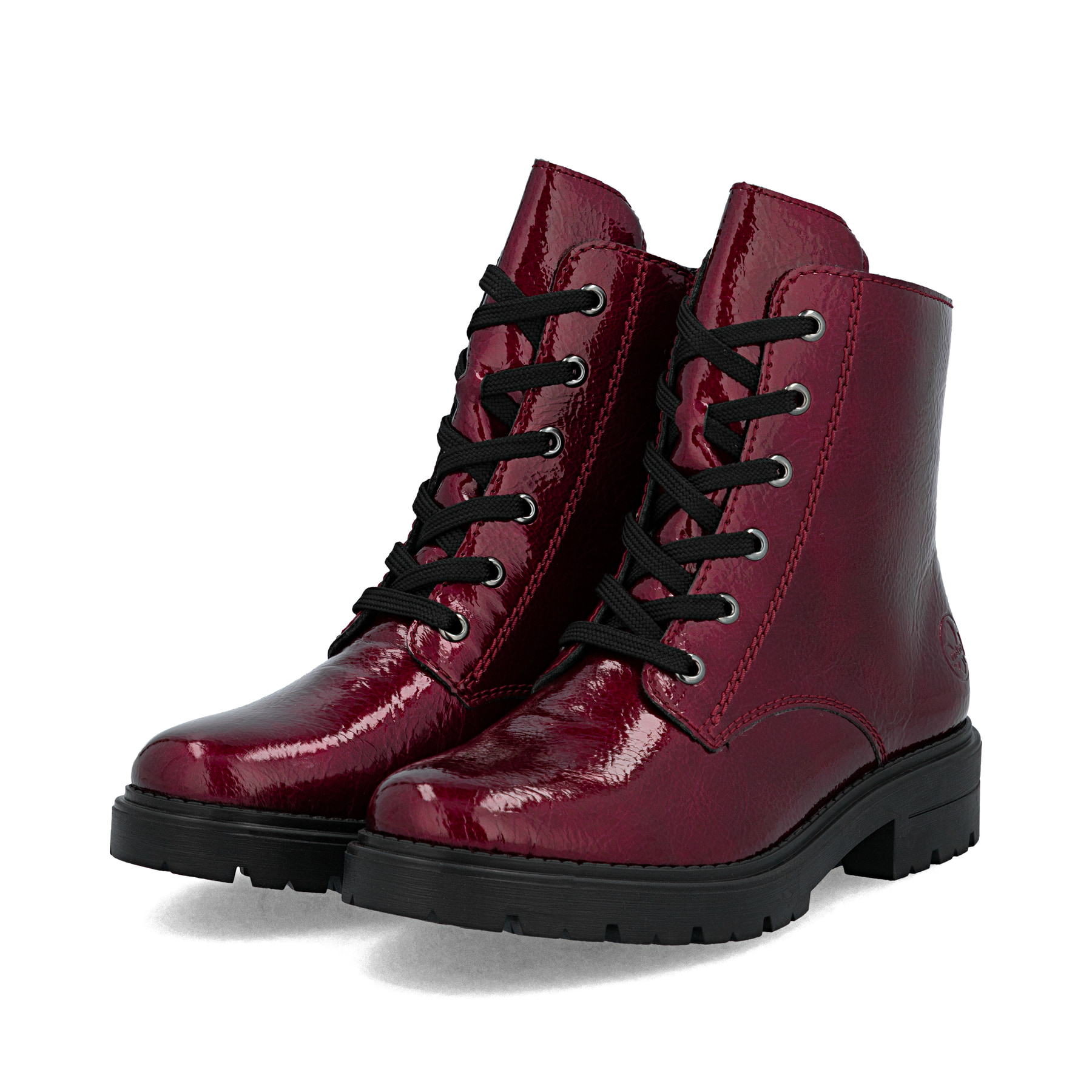 Dunkelrote Rieker Damen Schnürstiefel Z2841-33 mit einem Reißverschluss. Schuhpaar seitlich schräg.