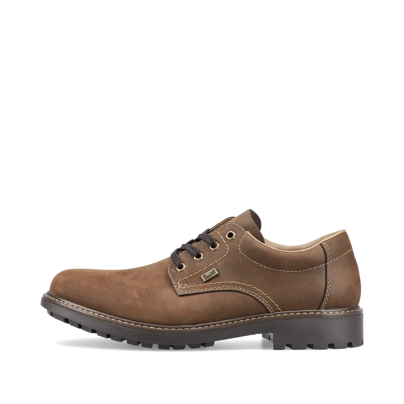 
Kaffeebraune Rieker Herren Schnürschuhe B4610-22 mit Schnürung sowie einer Profilsohle. Schuh Außenseite