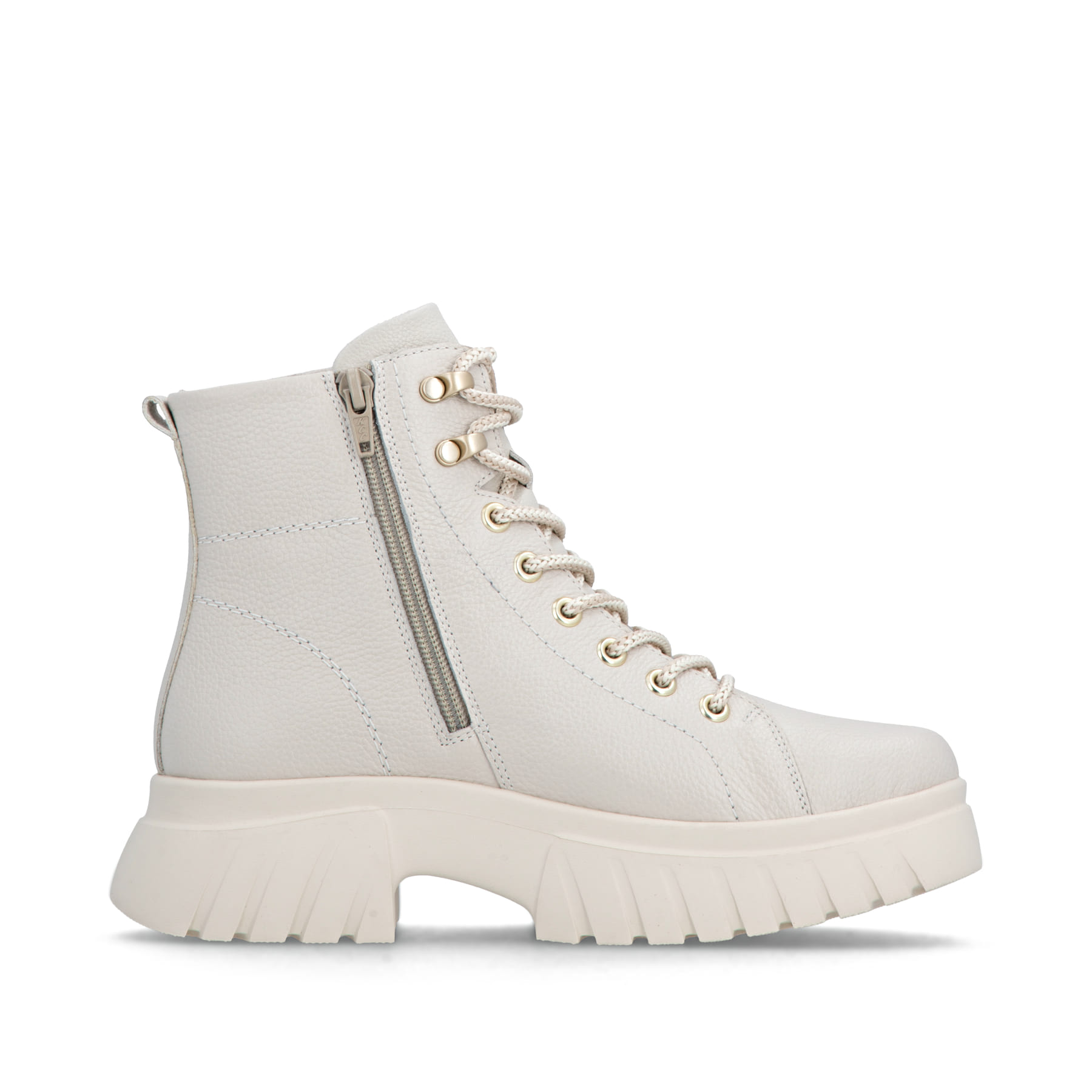 Weiße Rieker Damen Biker Boots W1877-80 aus Glattleder mit goldfarbenen Ösen. Schuh Innenseite.
