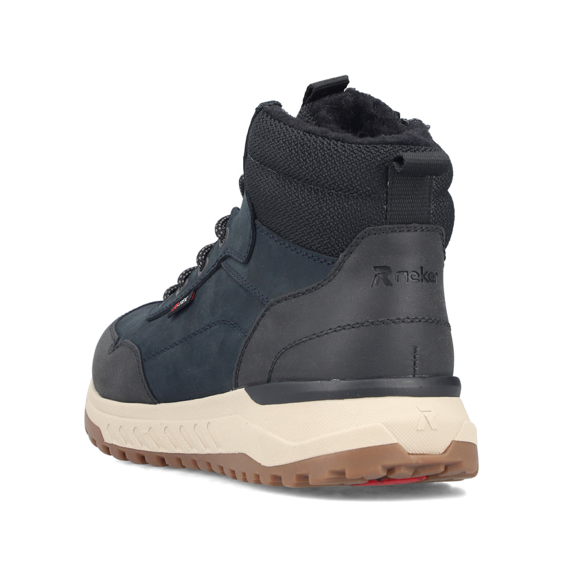 Dunkelblau-schwarze Rieker Herren Schnürstiefel U0110-14 aus Rauleder. Schuh von hinten.