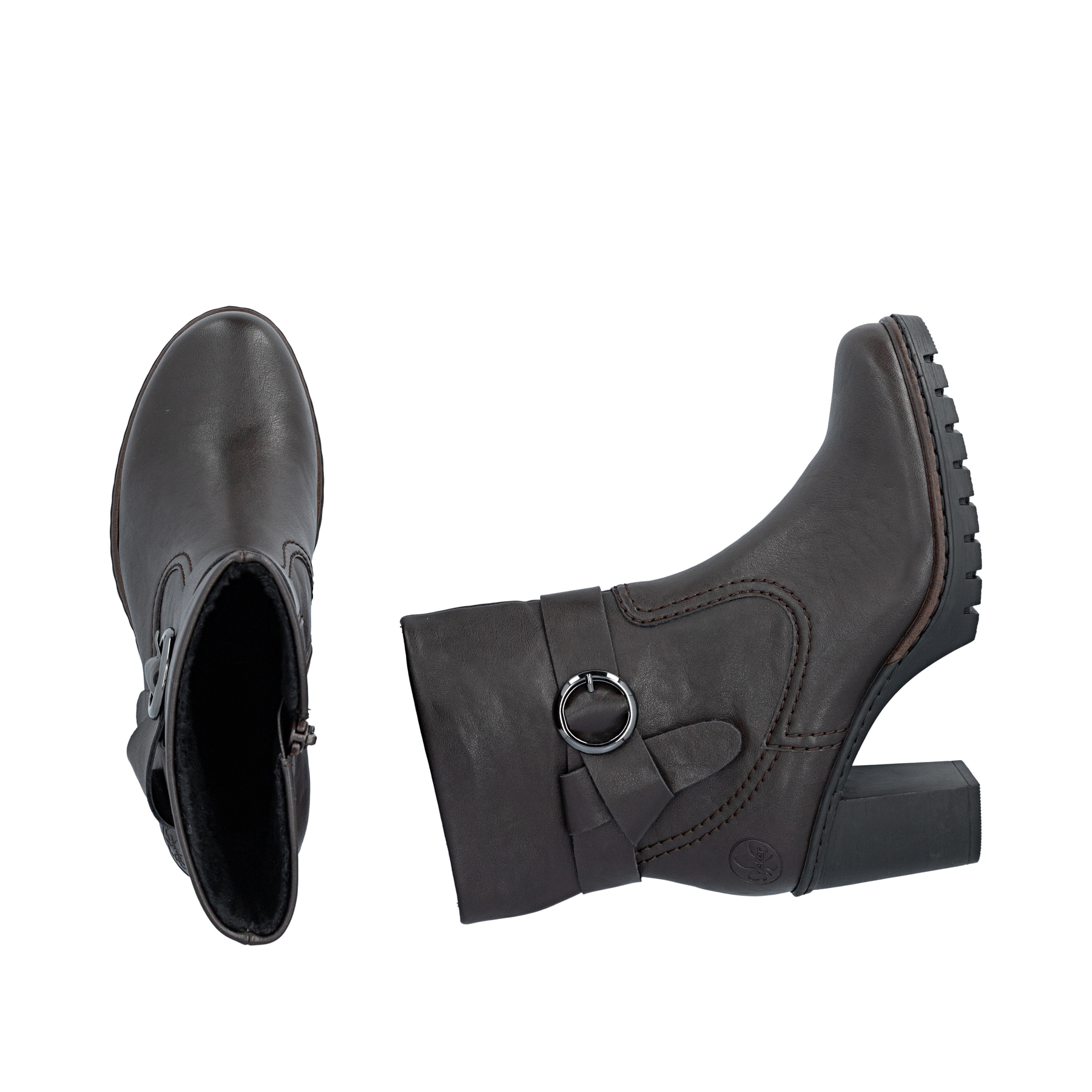 Dunkelbraune Rieker Damen Stiefeletten Y2590-25 mit einem Reißverschluss. Schuh von oben, liegend.