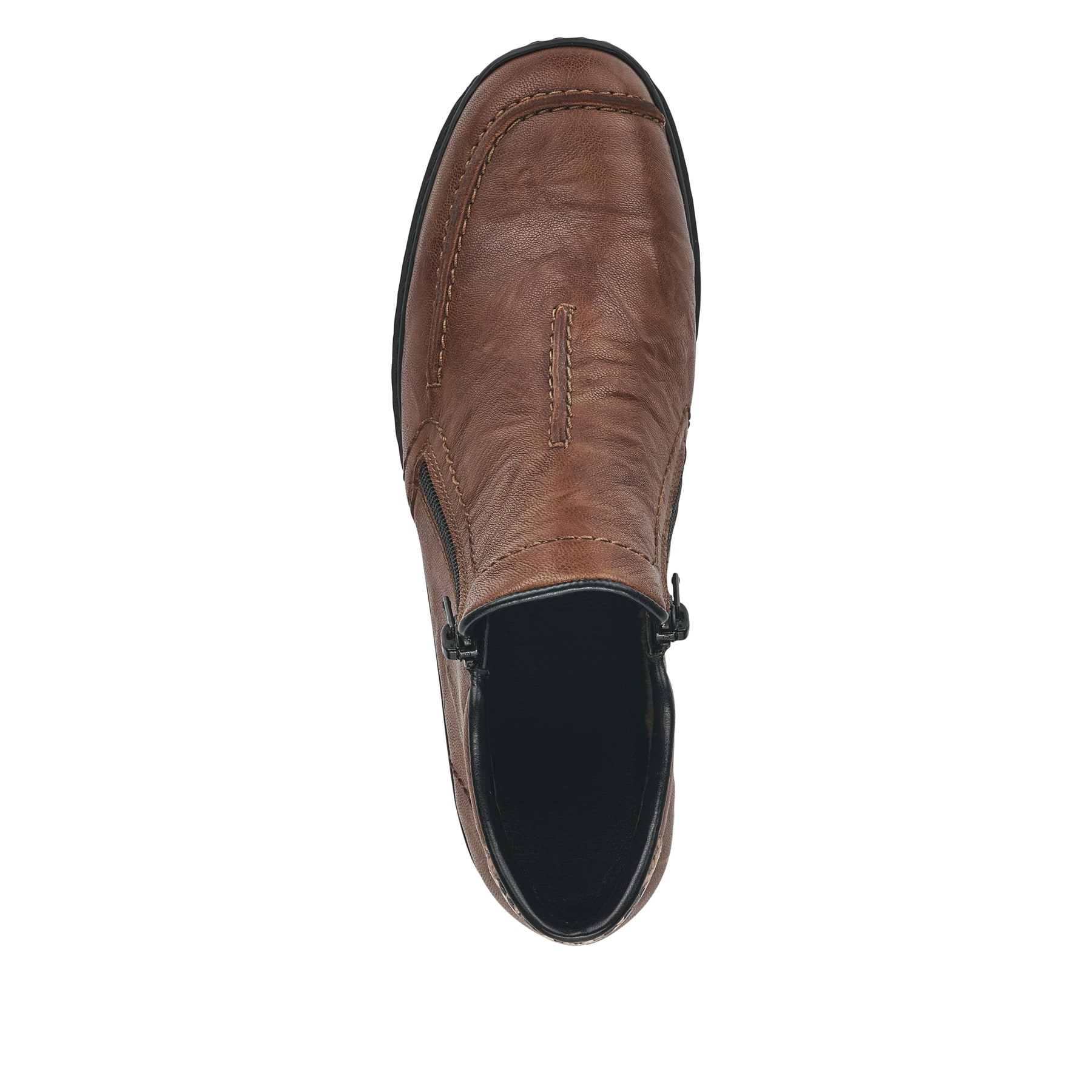 Braune Rieker Damen Kurzstiefel 58386-22 aus Glattleder mit einem Reißverschluss. Schuh von oben.