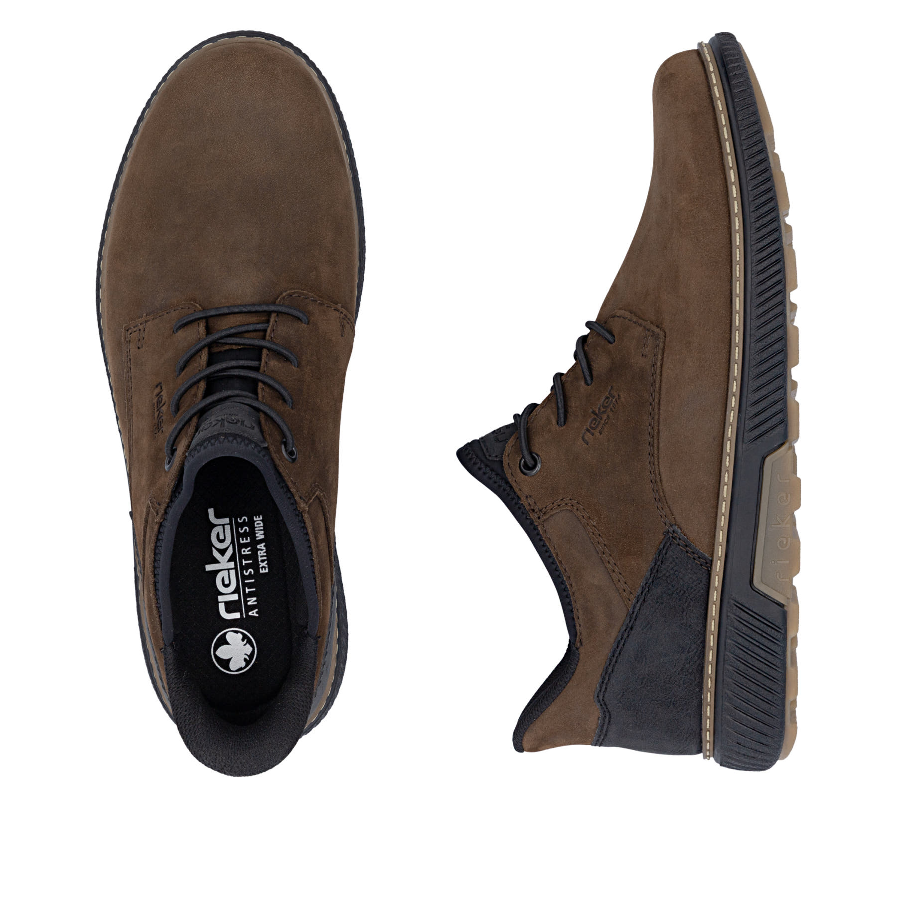 Dunkelbraun-schwarze Rieker Herren Slipper B3357-26 aus Rauleder. Schuh von oben, liegend.
