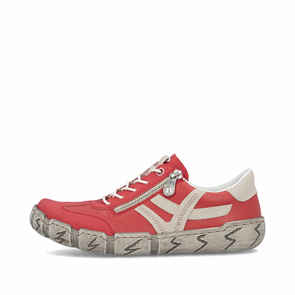 Chaussons Rieker rouges pour femme L0363-33 avec fermeture éclair. Côté extérieur de la chaussure.