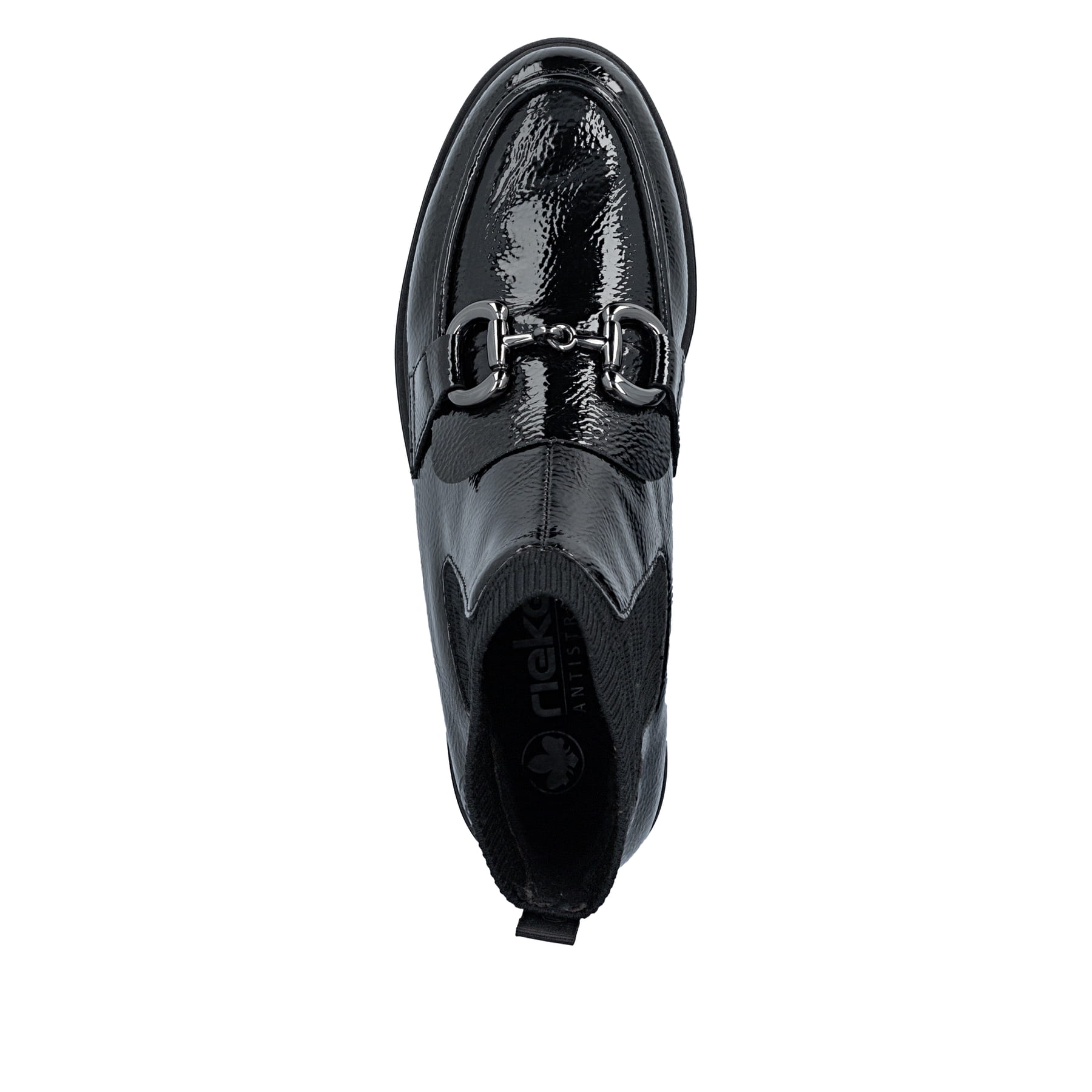 Schwarze Rieker Damen Kurzstiefel 45573-00 mit Schmuckelementen sowie Gummizug. Schuh von oben.