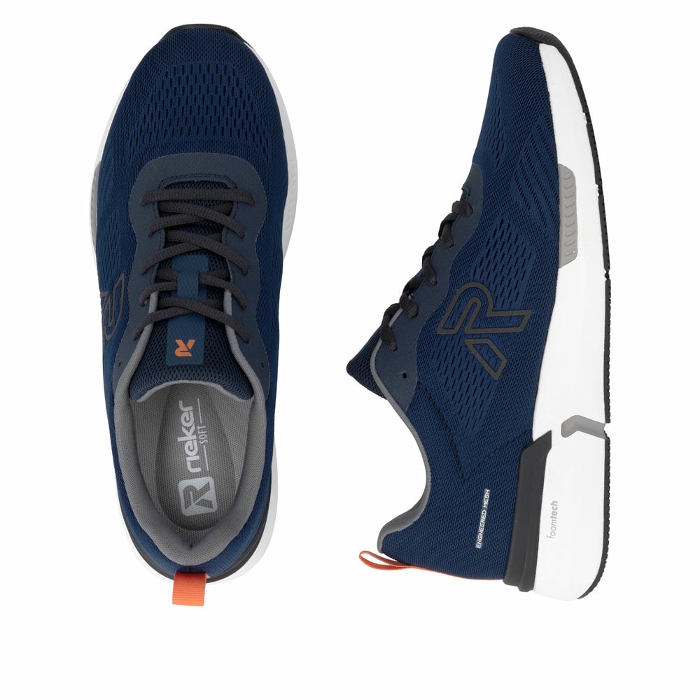 Dunkelblaue Rieker Herren Sneaker Low U1404-14 mit einer Schnürung. Schuh von oben, liegend.