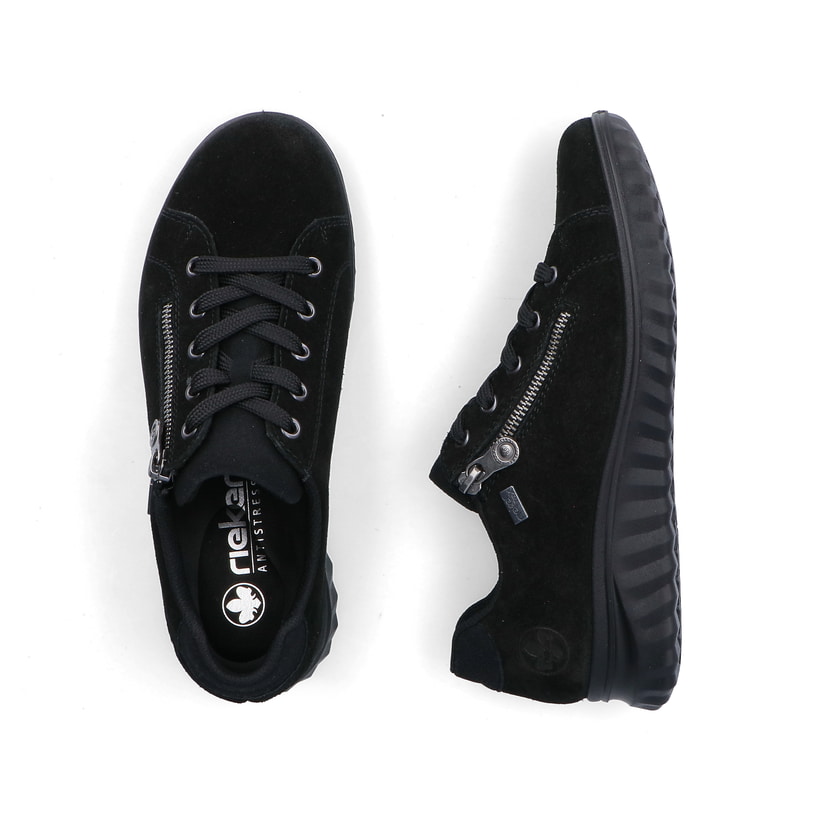 Schwarze Rieker Damen Schnürschuhe 59000-00 aus Rauleder. Schuh von oben, liegend.