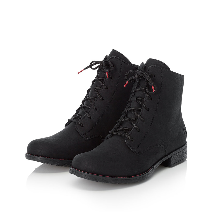 Graphitschwarze Rieker Damen Schnürstiefel 70821-00 mit einem Reißverschluss. Schuhpaar seitlich schräg.