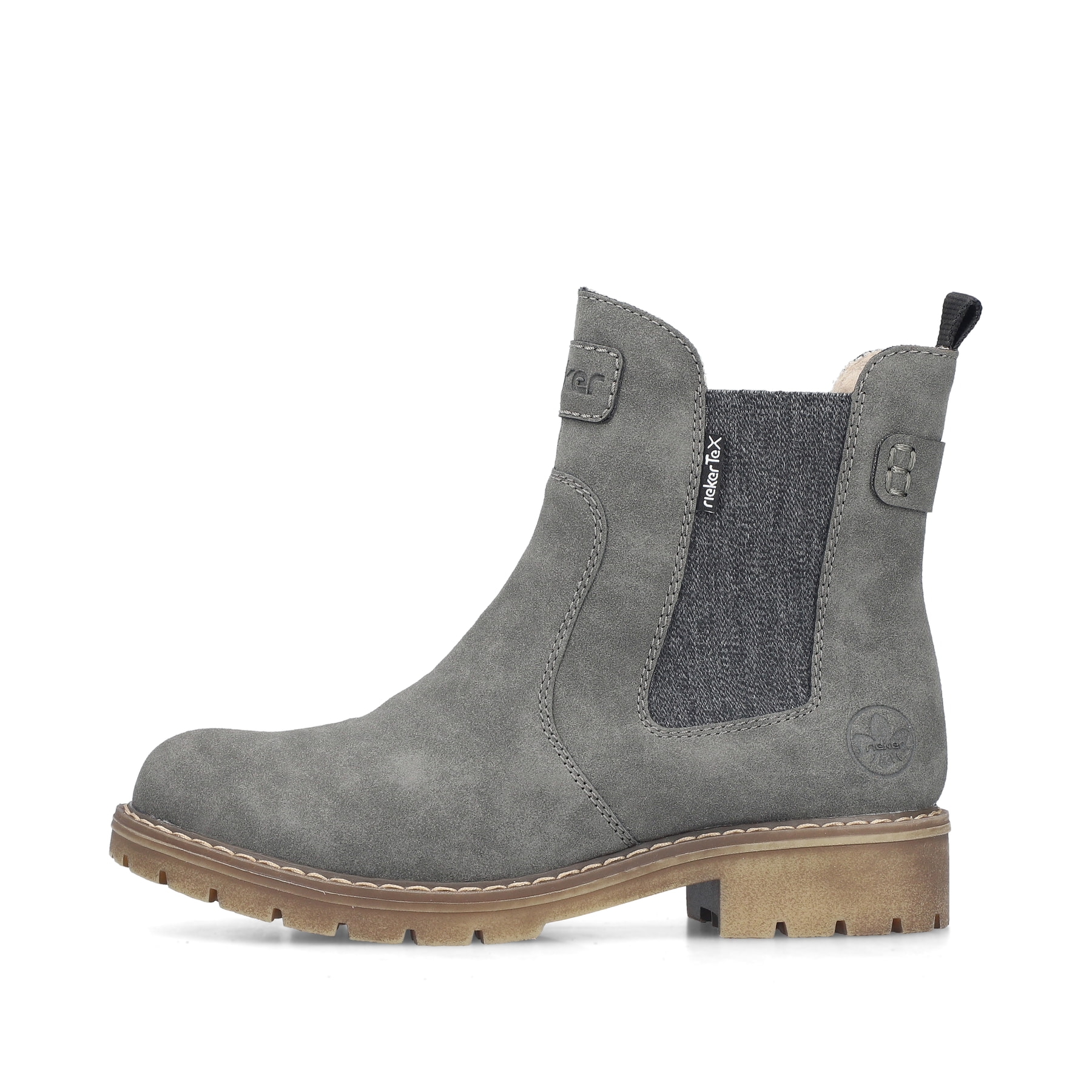 Dunkelgraue Rieker Damen Chelsea Boots Y9160-45 mit einem Reißverschluss. Schuh Außenseite.