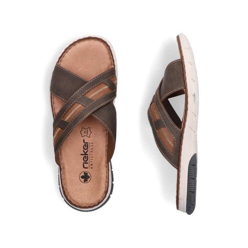 Braune Rieker Herren Pantoletten 25252-25 mit der Komfortweite G 1/2. Schuh von oben, liegend.