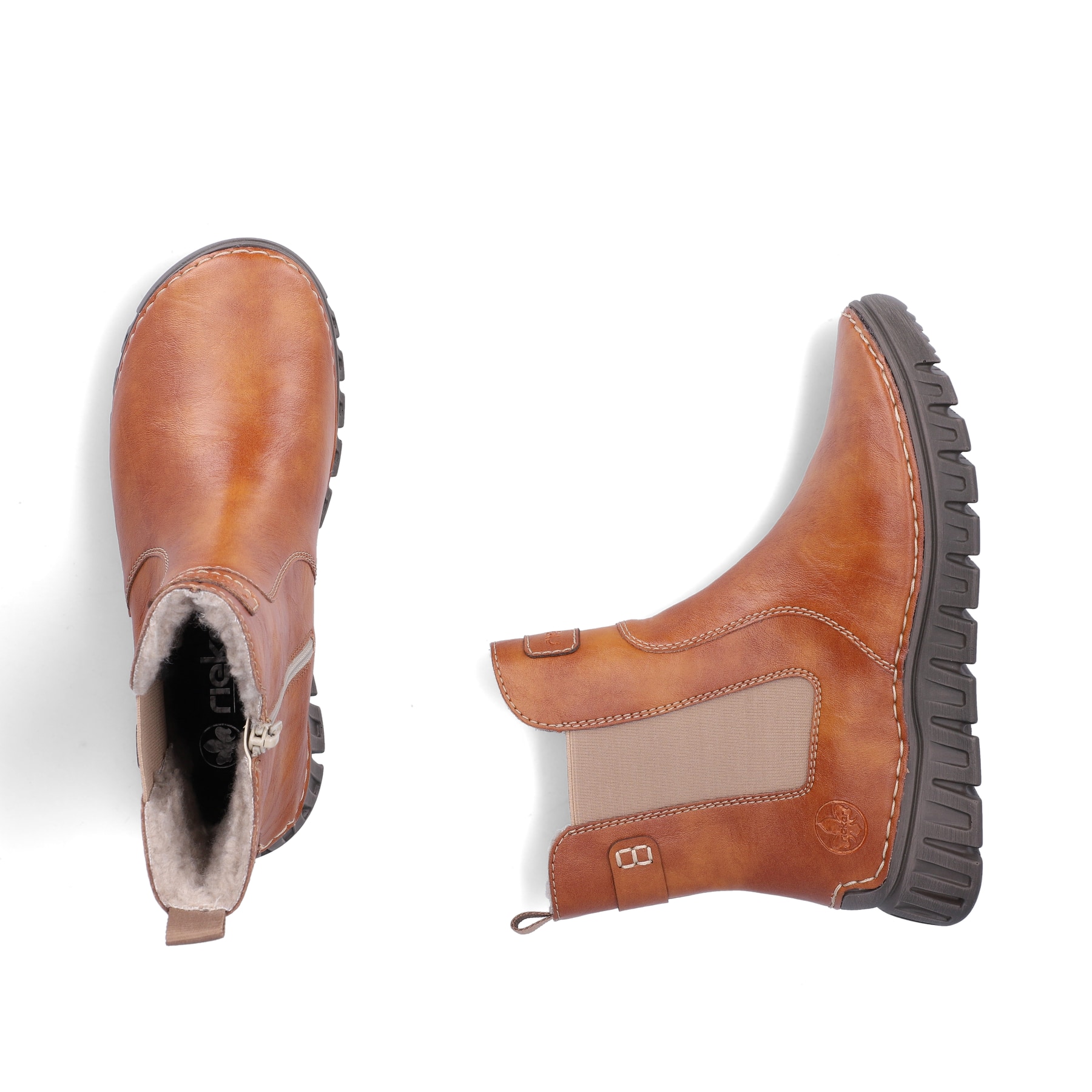 Braune Rieker Damen Chelsea Boots 57560-24 mit einem Reißverschluss. Schuh von oben, liegend.