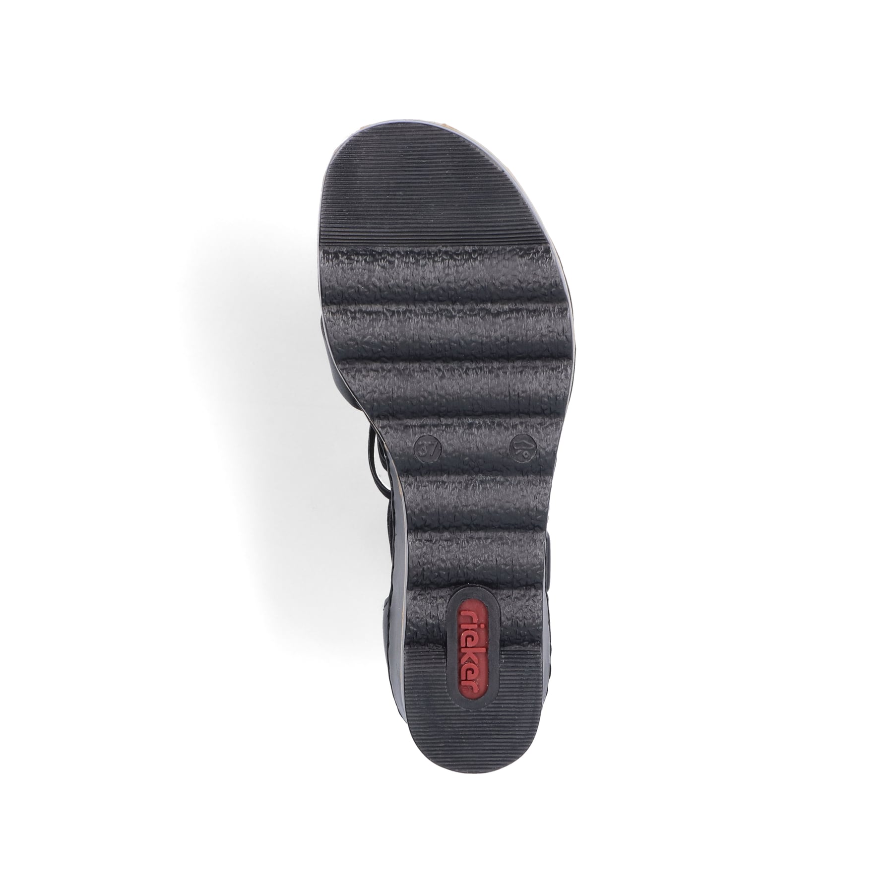 Schwarze Rieker Keilsandaletten 67480-01 mit trendigen Schnalle. Schuh Laufsohle.