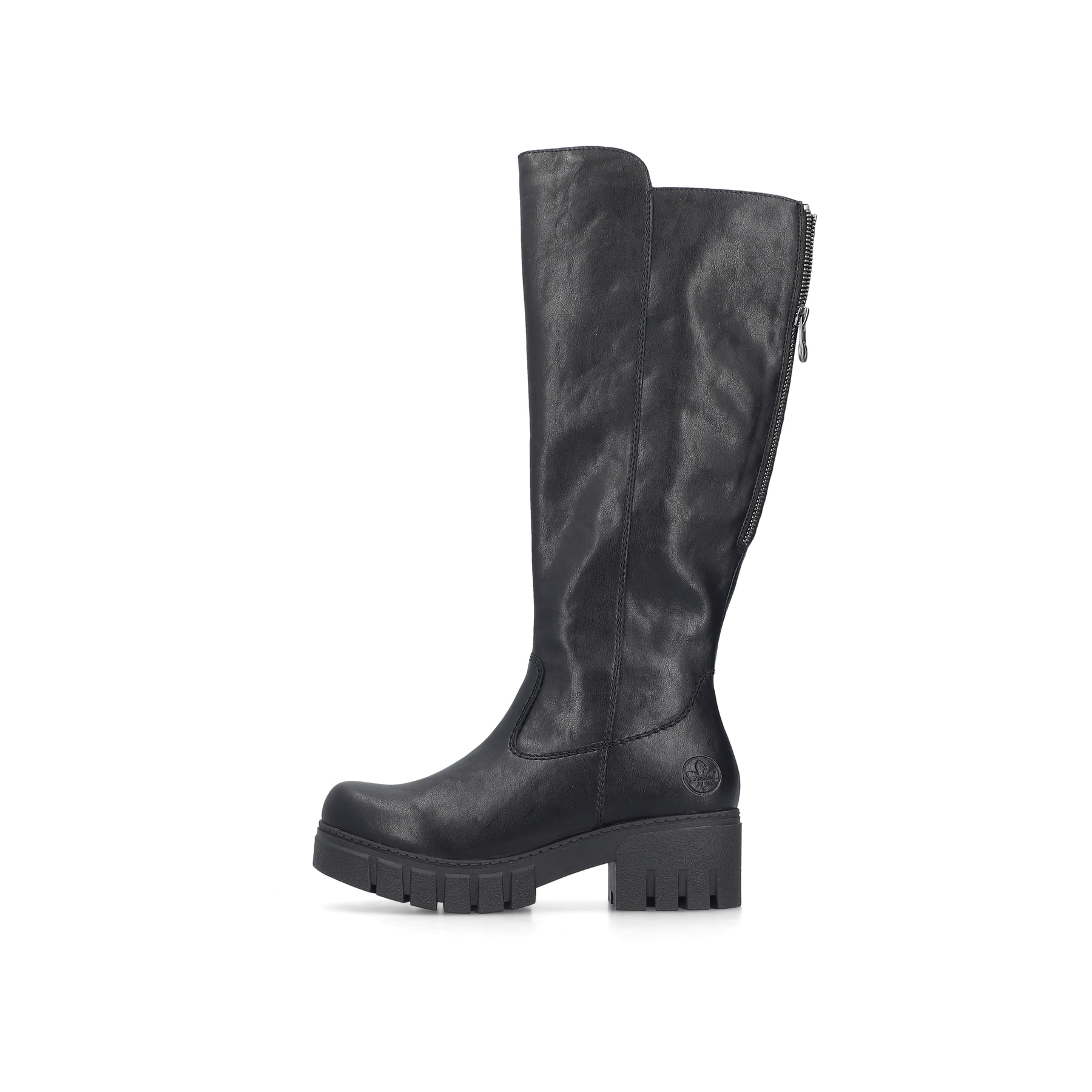 Schwarze Rieker Damen Hochschaftstiefel 74597-00 mit einem Reißverschluss. Schuh Außenseite.