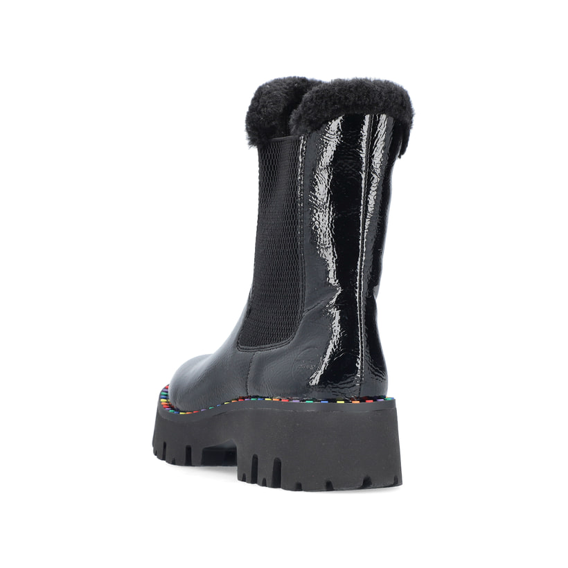 Schwarze Rieker Damen Chelsea Boots Y3350-00 mit einem Reißverschluss. Schuh von hinten.