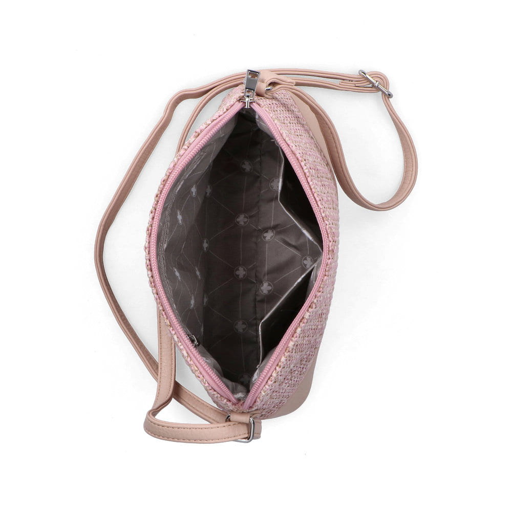 Sac à main Rieker H1510-93 rose avec fermeture éclair et compartiment antivol à l’arrière. Ouvert.