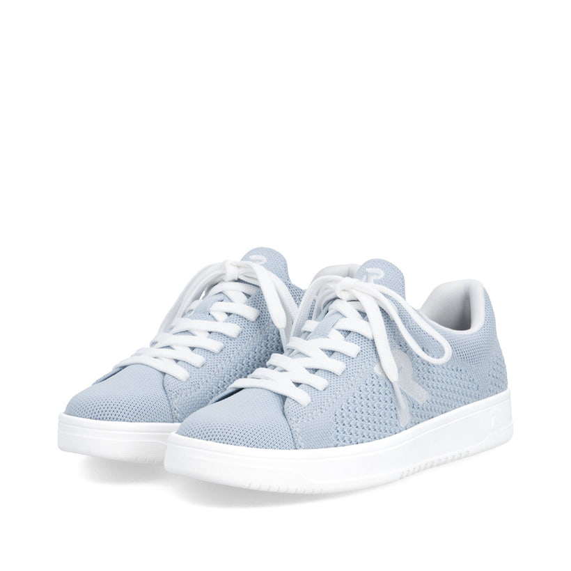 Blaue waschbare Rieker Damen Sneaker Low W1904-10 mit einer Schnürung. Schuhpaar seitlich schräg.