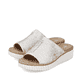Silberne Rieker Damen Pantoletten 69288-60 in verwaschenem Look. Schuhpaar seitlich schräg.