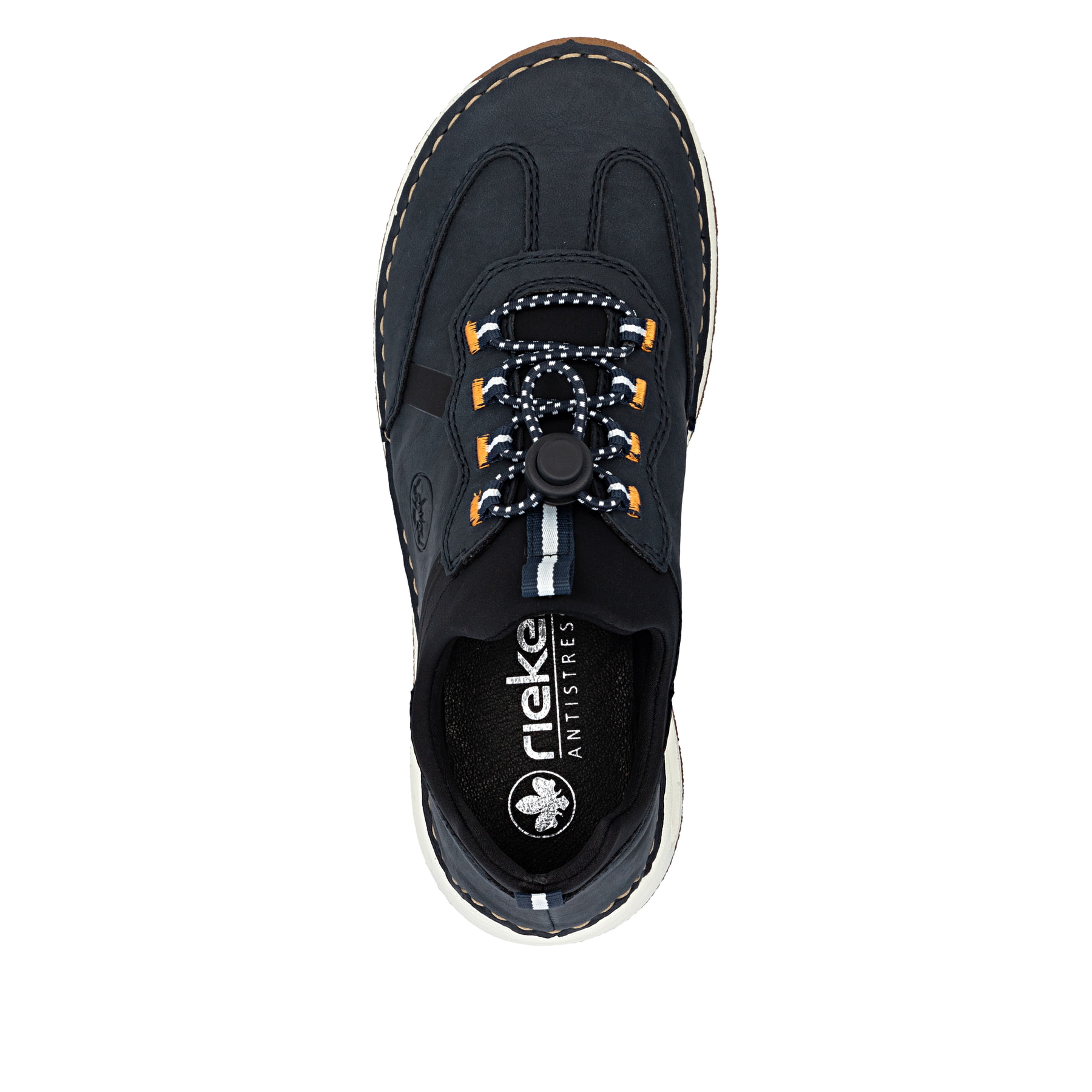 Mocassins Rieker bleus femme 44551-14 avec fenêtre de semelle Rieker Air. Chaussure vue de dessus.