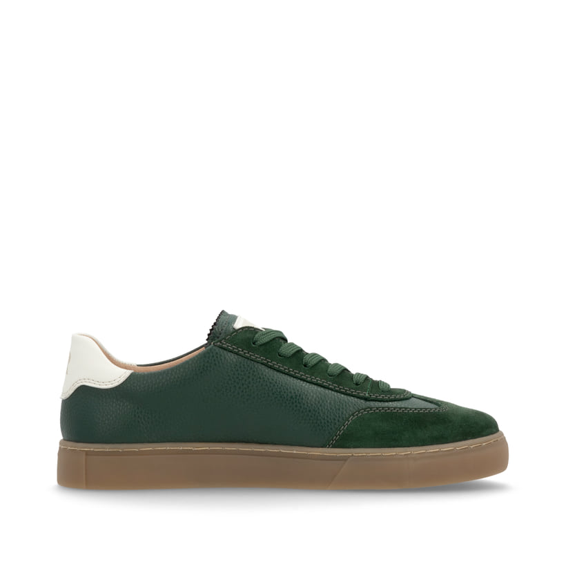 Grüne Rieker Herren Sneaker Low U0707-54 im Retro-Look mit weißen Streifen an der Seite sowie einer Schnürung. Schuh Innenseite.
