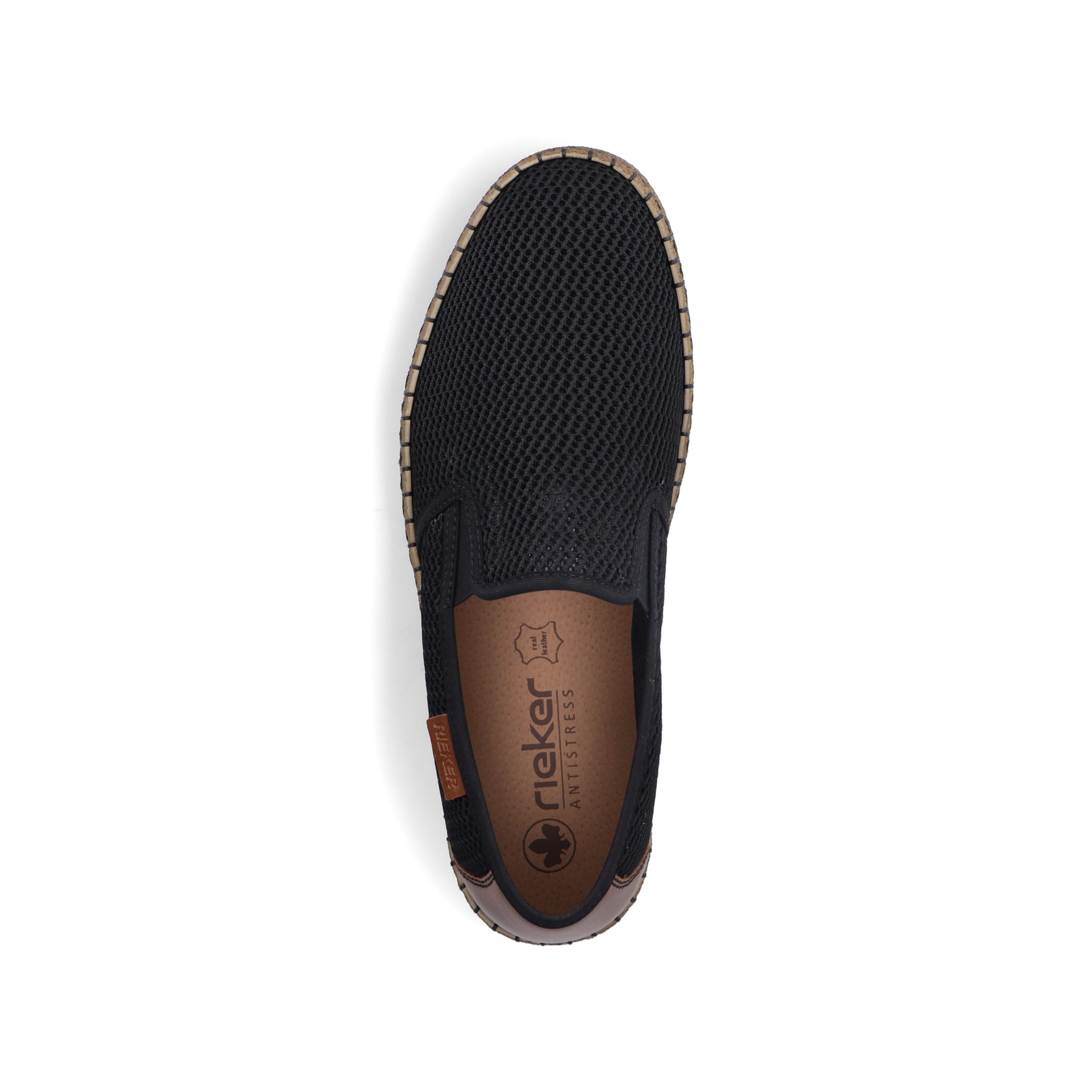 Schwarze Rieker Herren Slipper B5276-00 mit Gummizug sowie Komfortweite G 1/2. Schuh von oben.