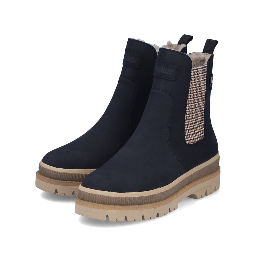 Dunkelblau-beige Rieker Damen Chelsea Boots Y6260-14 mit einem Reißverschluss. Schuhpaar seitlich schräg.