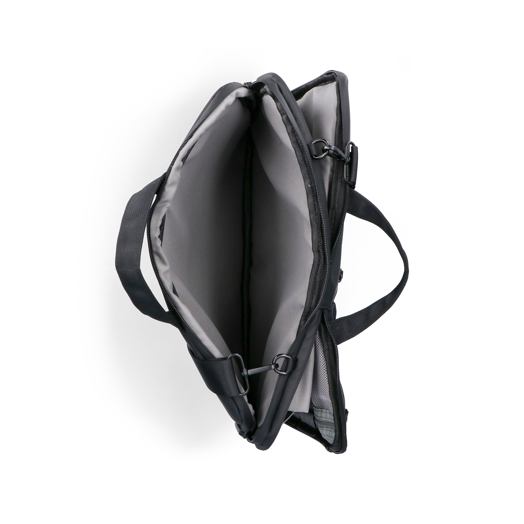 Rieker Laptoptasche H5000-00 in Schwarz mit viel Stauraum, abnehmbaren Schulterriemen und Reißverschluss. Geöffnet.