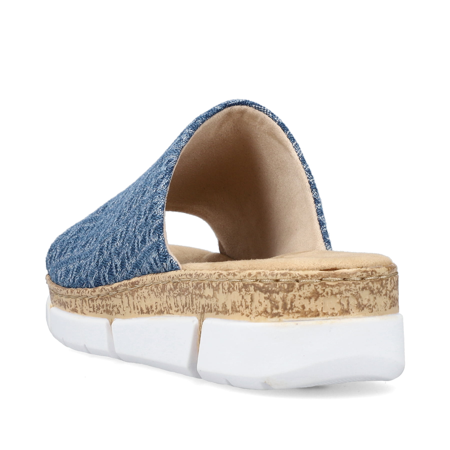 Schieferblaue Rieker Damen Pantoletten V2377-14 mit Buchstabenmuster. Schuh von hinten.