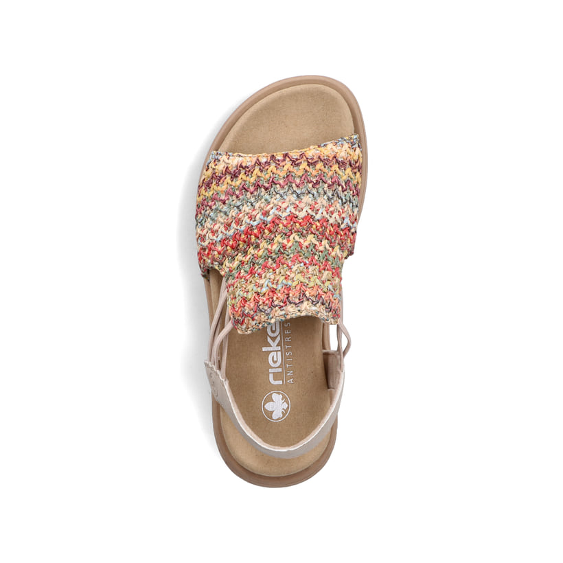 Mehrfarbige Rieker Damen Riemchensandalen V1541-90 mit einem Gummizug. Schuh von oben.