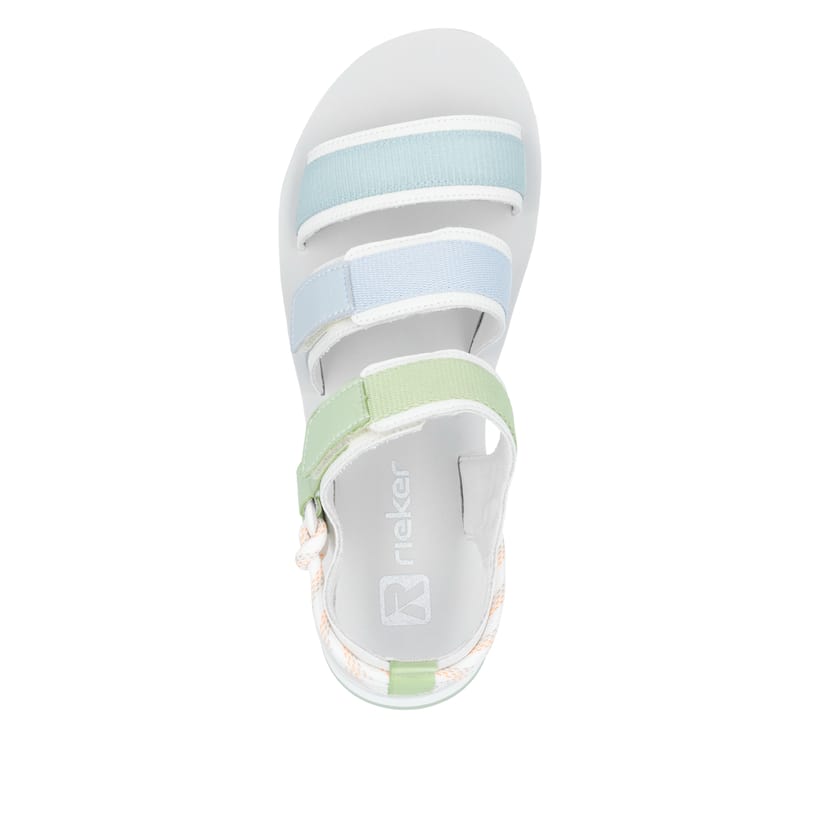 Mehrfarbige Rieker Damen Riemchensandalen W3052-91 mit einem Klettverschluss. Schuh von oben.
